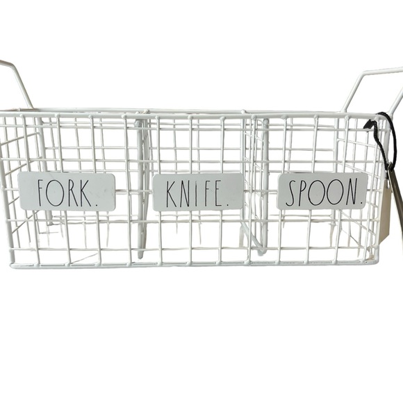 Rae Dunn Utensil Holder. Fork, Knife, and Spoon wire white basket black stencil. - Picture 1 of 6